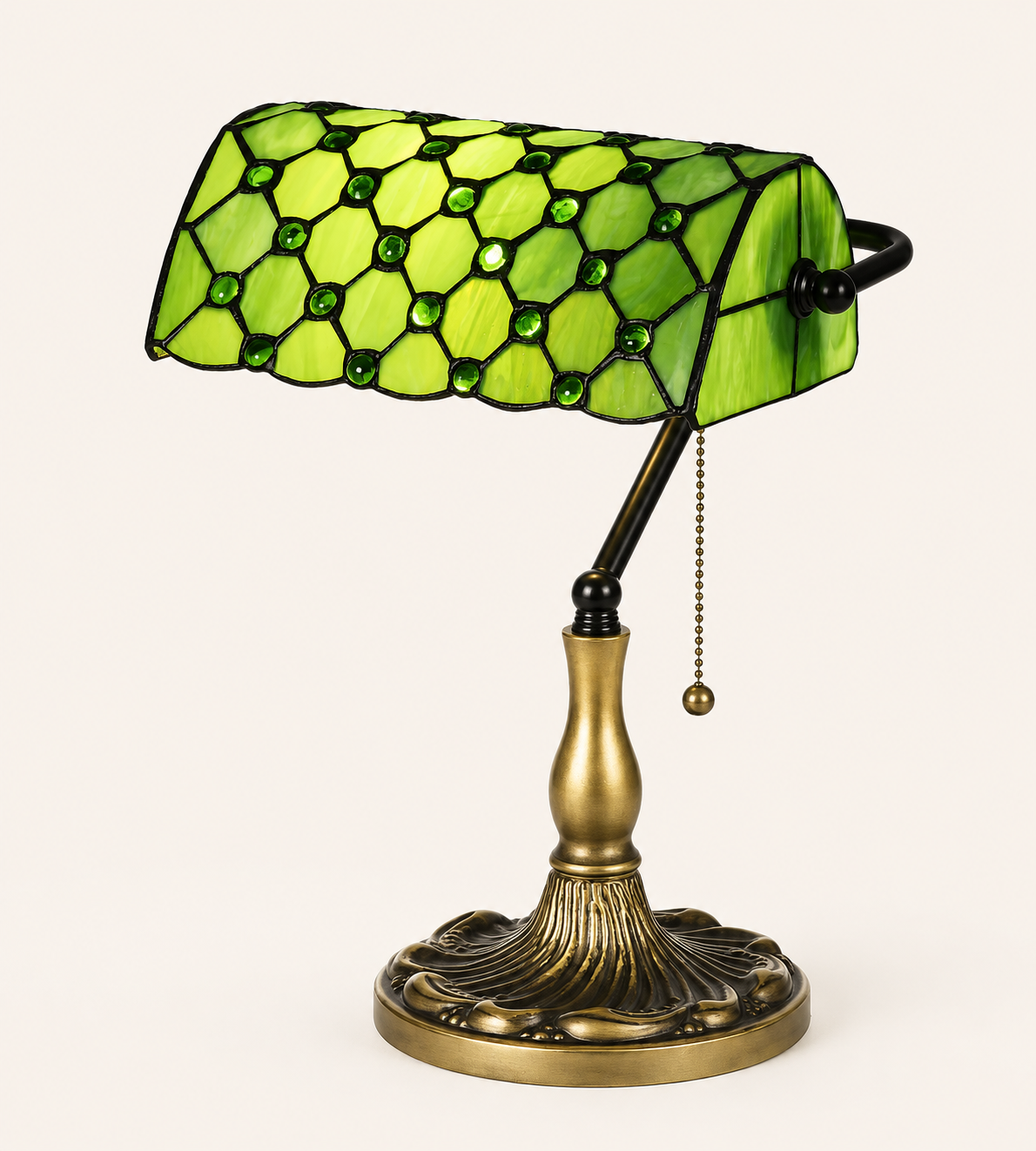 Green Tiffany Style Table Lamp – Handmade Stained Glass Vintage Bedside