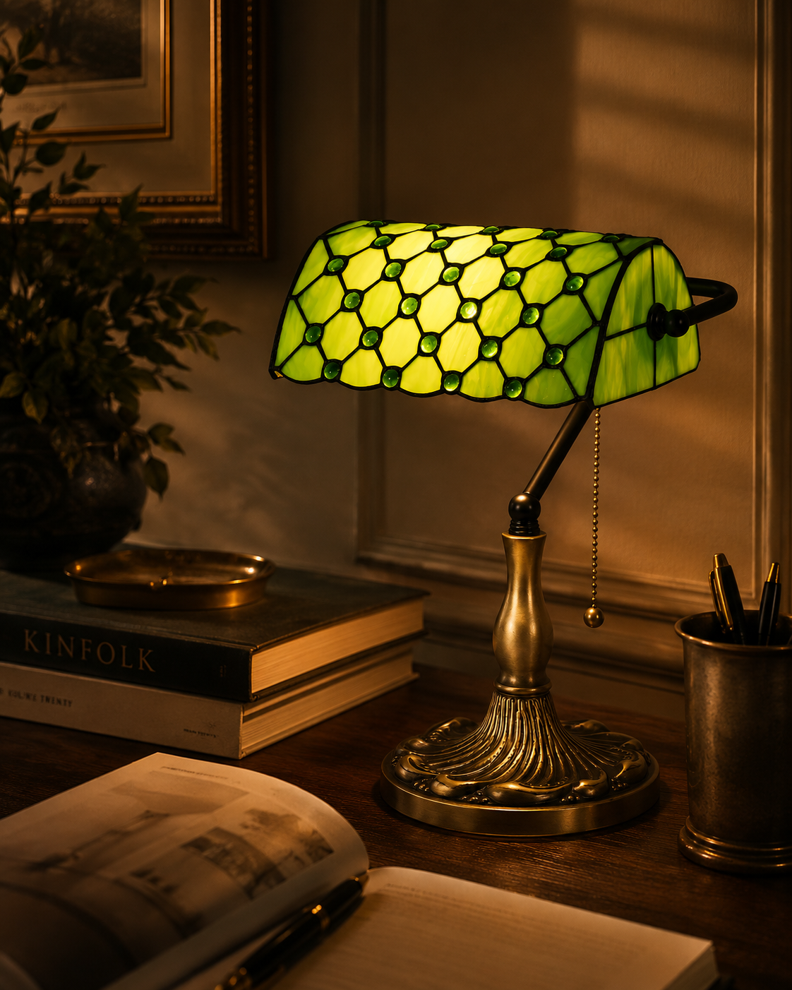 Green Tiffany Style Table Lamp – Handmade Stained Glass Vintage Bedside