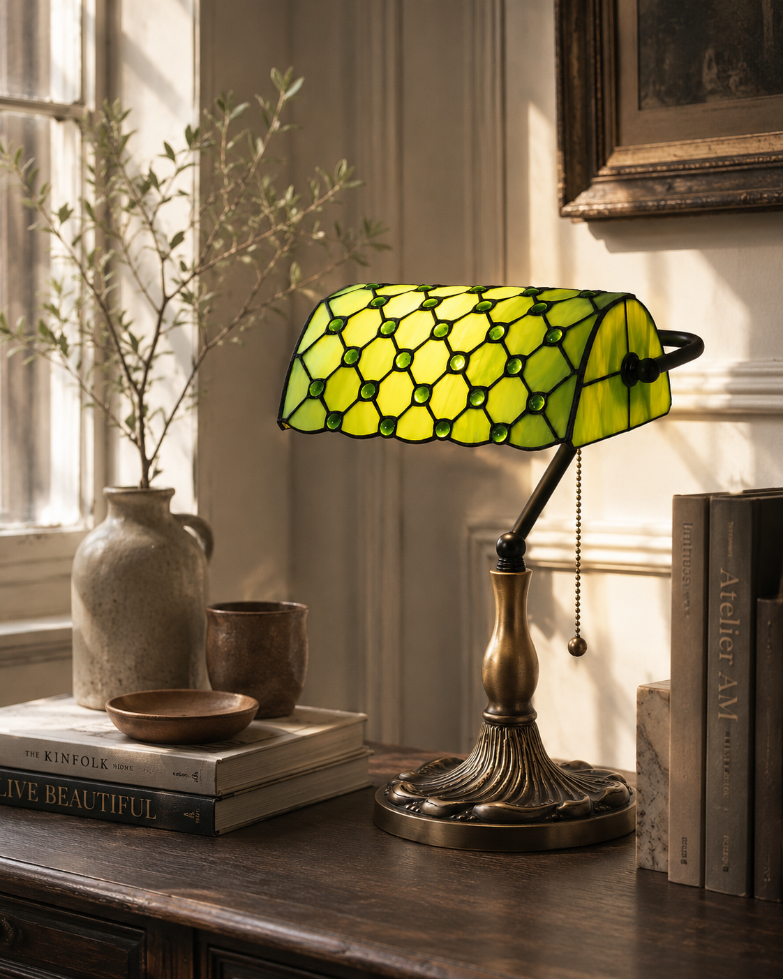 Green Tiffany Style Table Lamp – Handmade Stained Glass Vintage Bedside