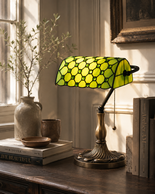 Green Tiffany Style Table Lamp – Handmade Stained Glass Vintage Bedside