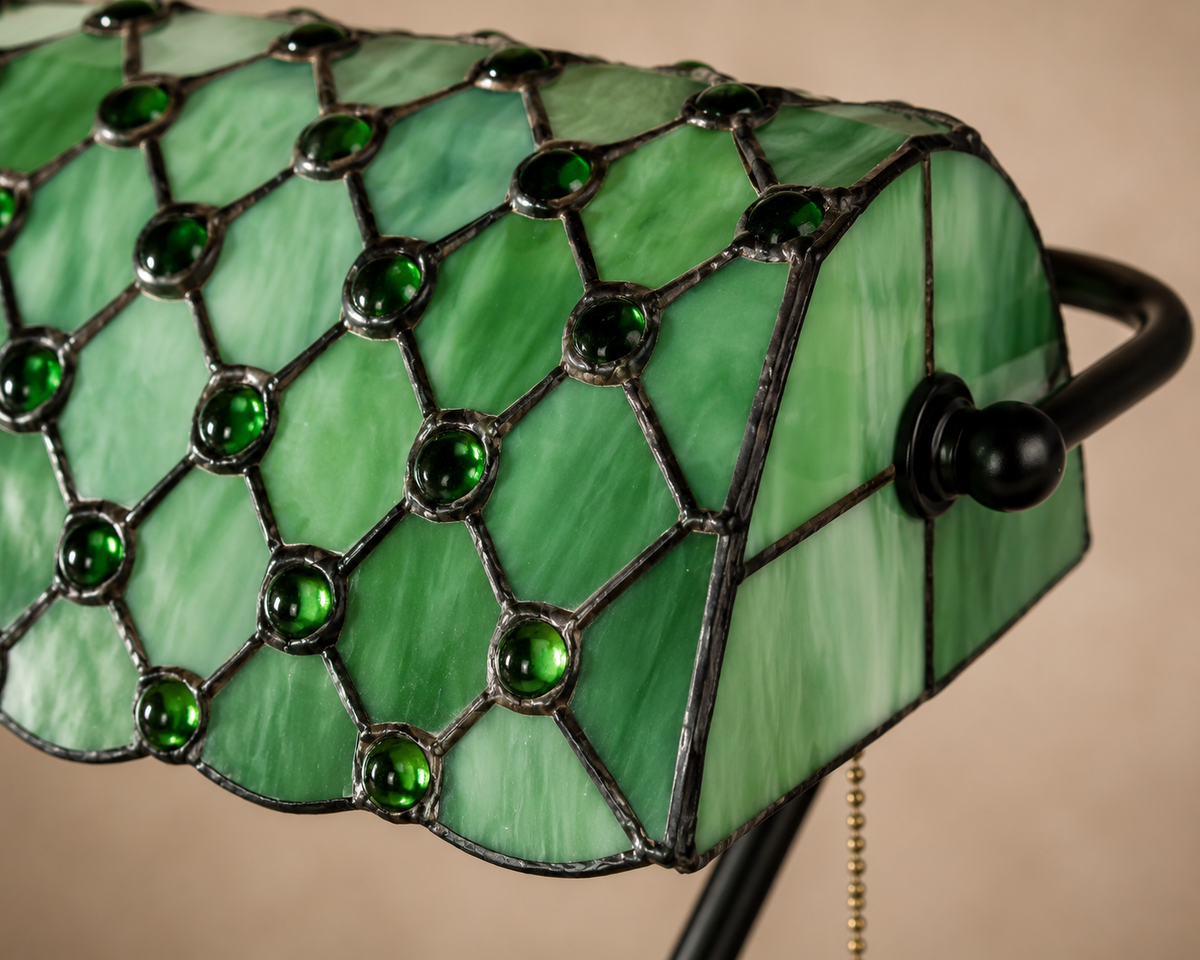 Green Tiffany Style Table Lamp – Handmade Stained Glass Vintage Bedside