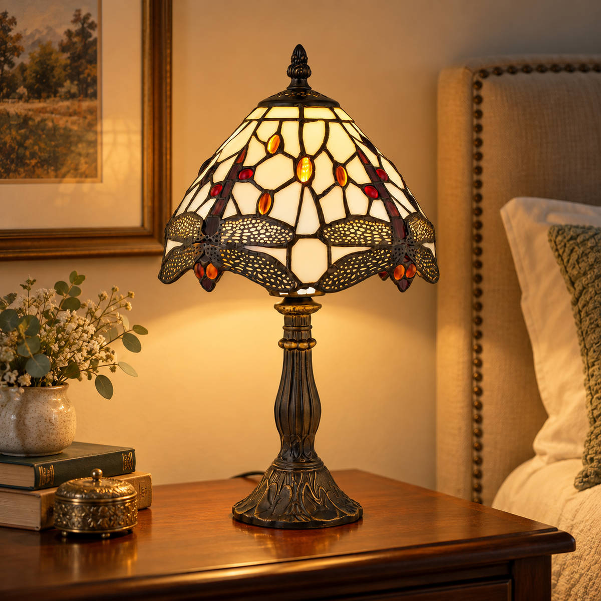Tiffany Dragonfly Table Lamp Glass Antique Brass Bedside Light