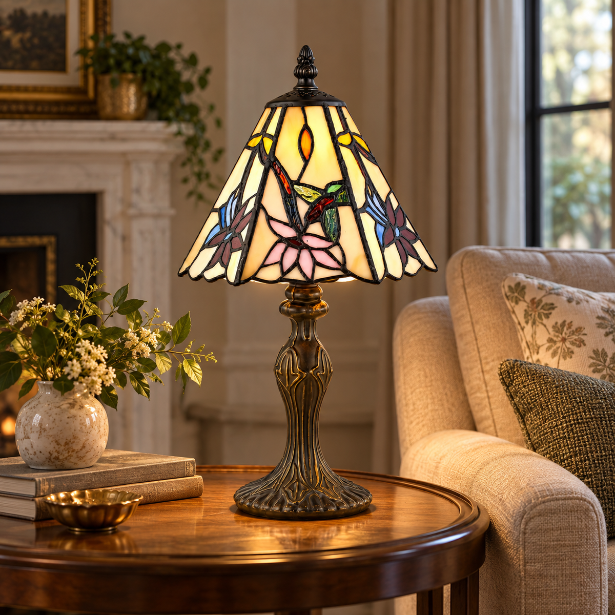 Tiffany Glass Table Lamp Antique Brass Vintage Bedside Light