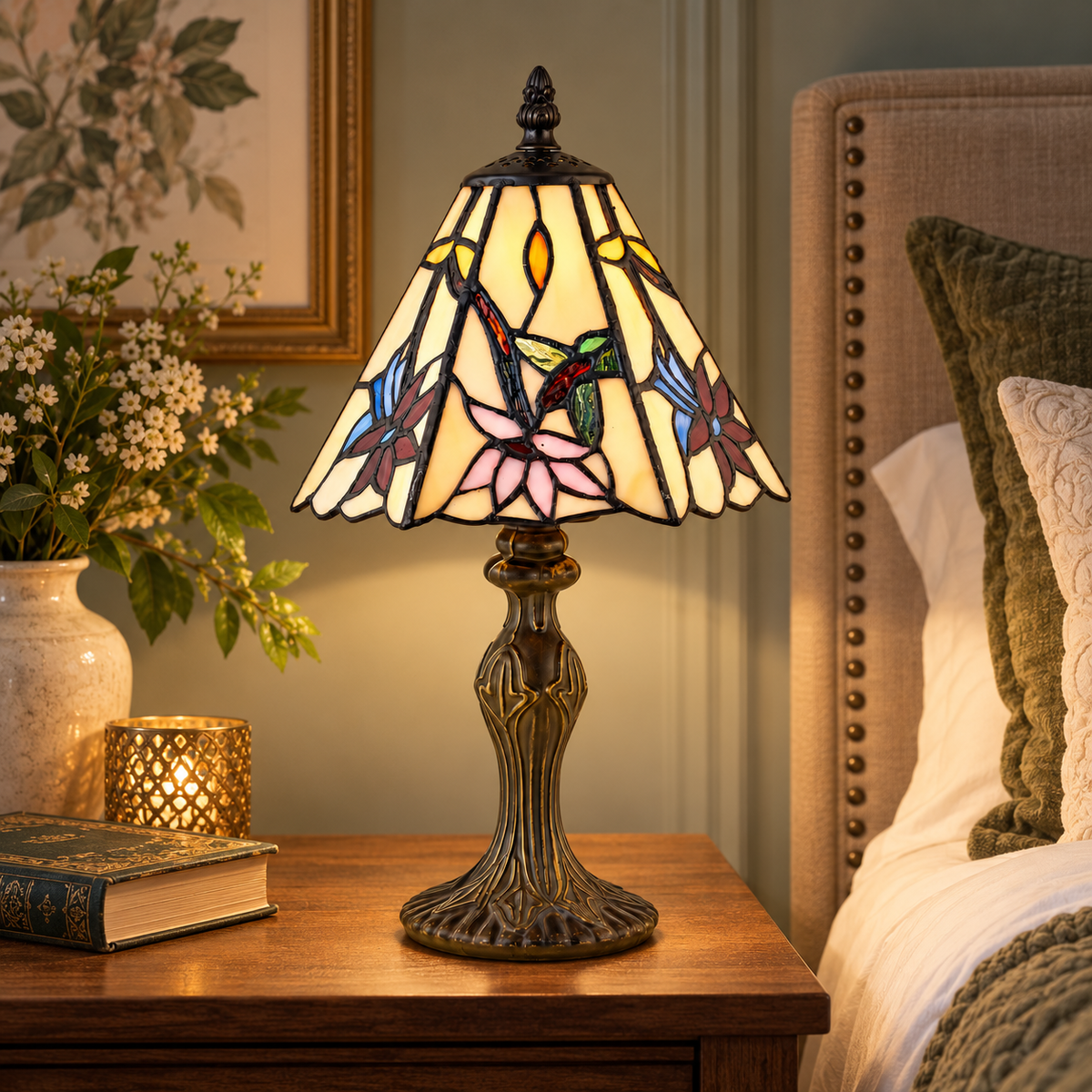 Tiffany Glass Table Lamp Antique Brass Vintage Bedside Light