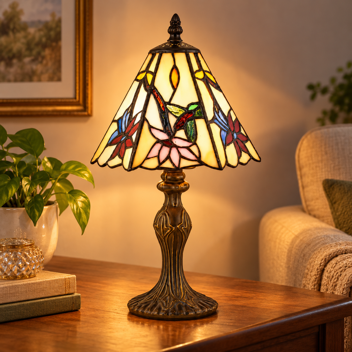 Tiffany Glass Table Lamp Antique Brass Vintage Bedside Light