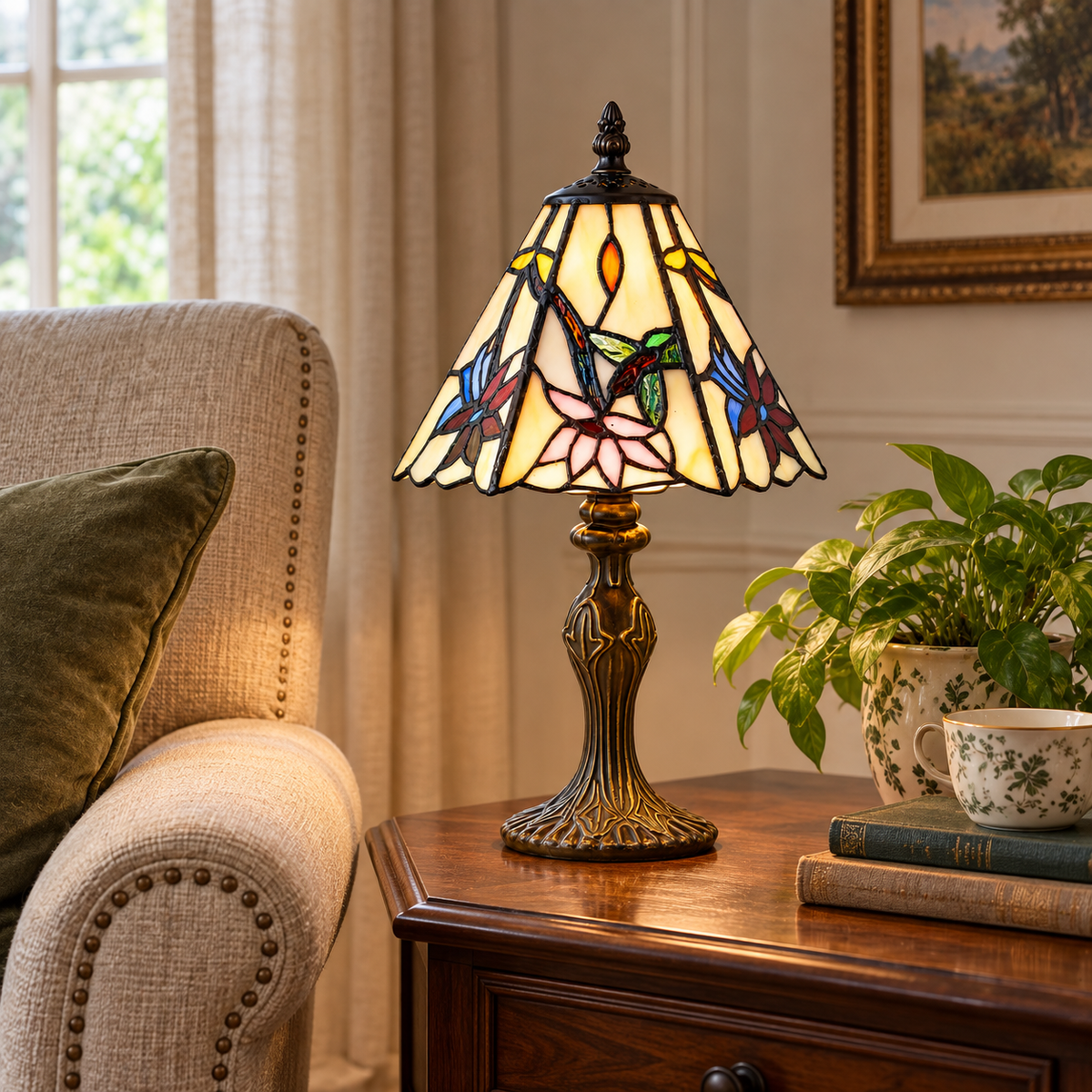 Tiffany Glass Table Lamp Antique Brass Vintage Bedside Light