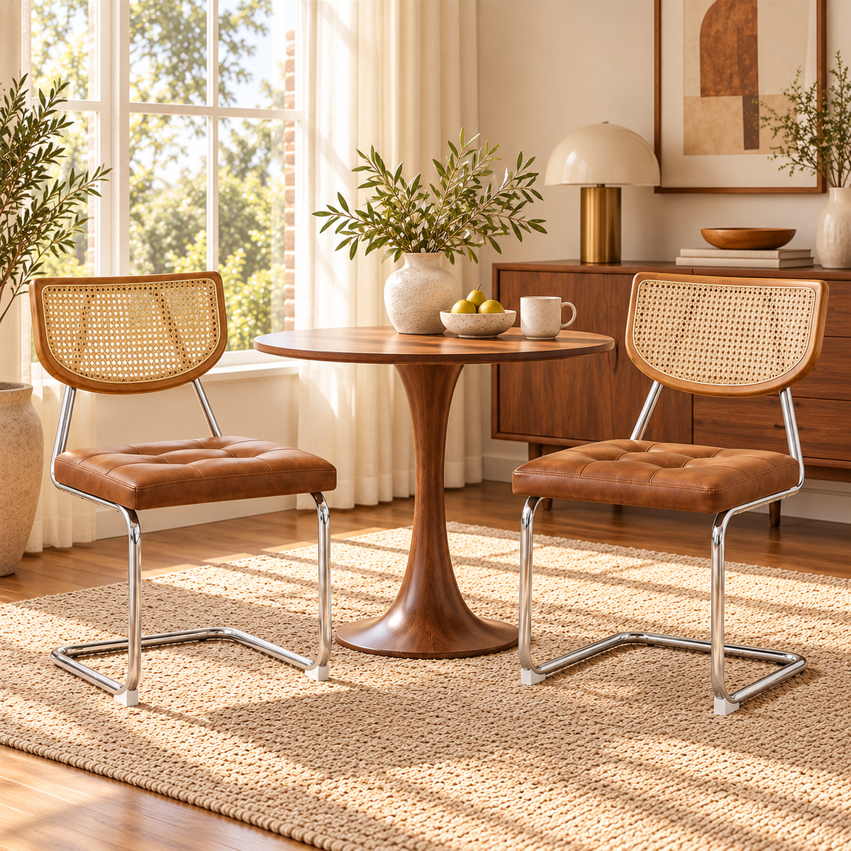 Set of 2 Mid-Century Rattan Dining Chairs | Black Upholstered Seat