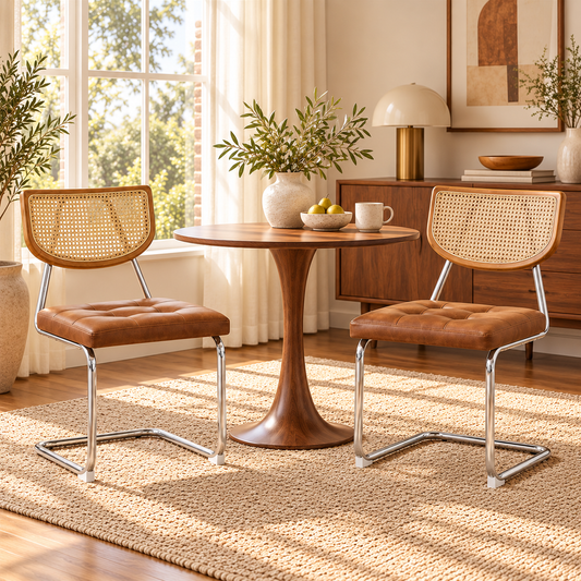 Set of 2 Mid-Century Rattan Dining Chairs | Black Upholstered Seat