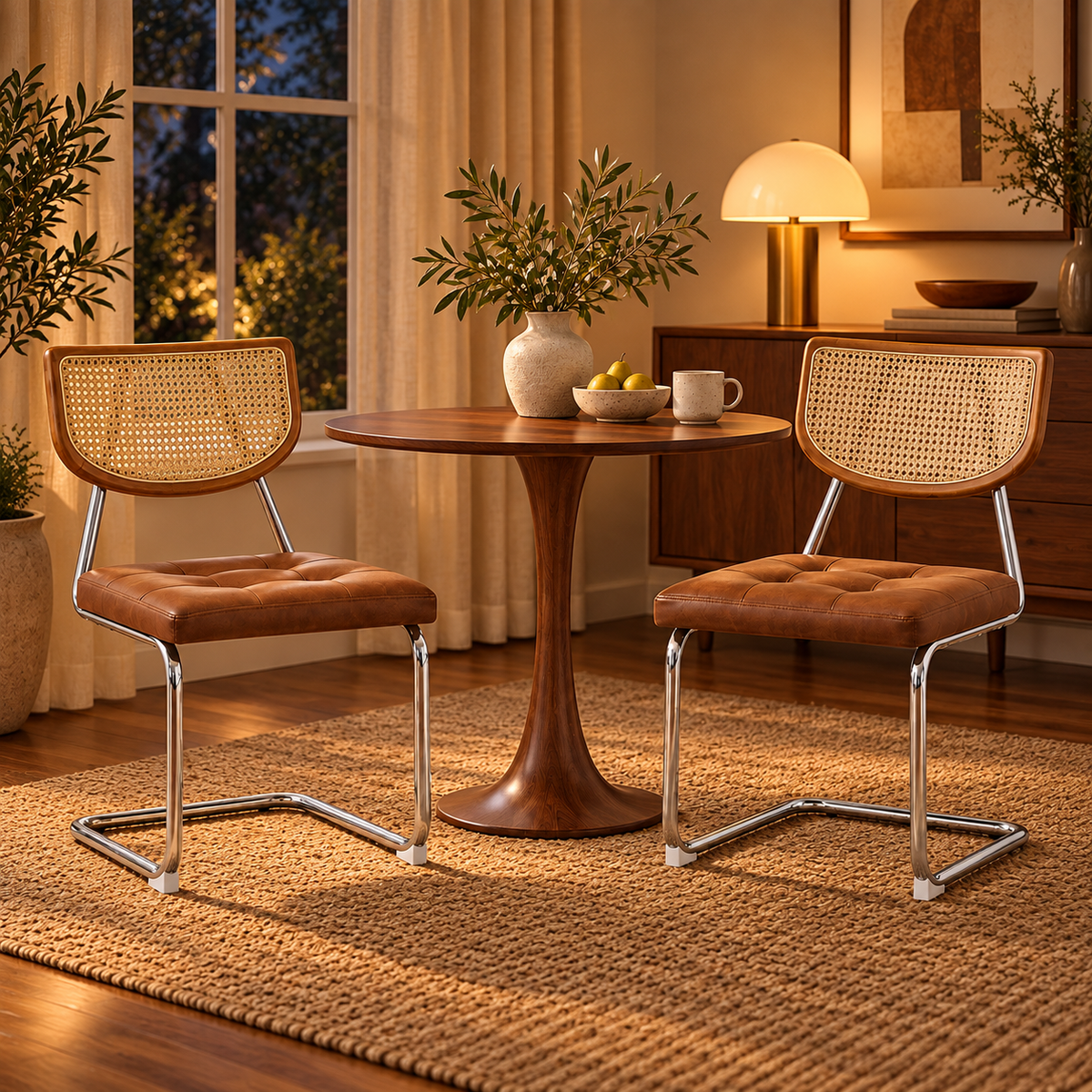 Set of 2 Mid-Century Rattan Dining Chairs | Black Upholstered Seat