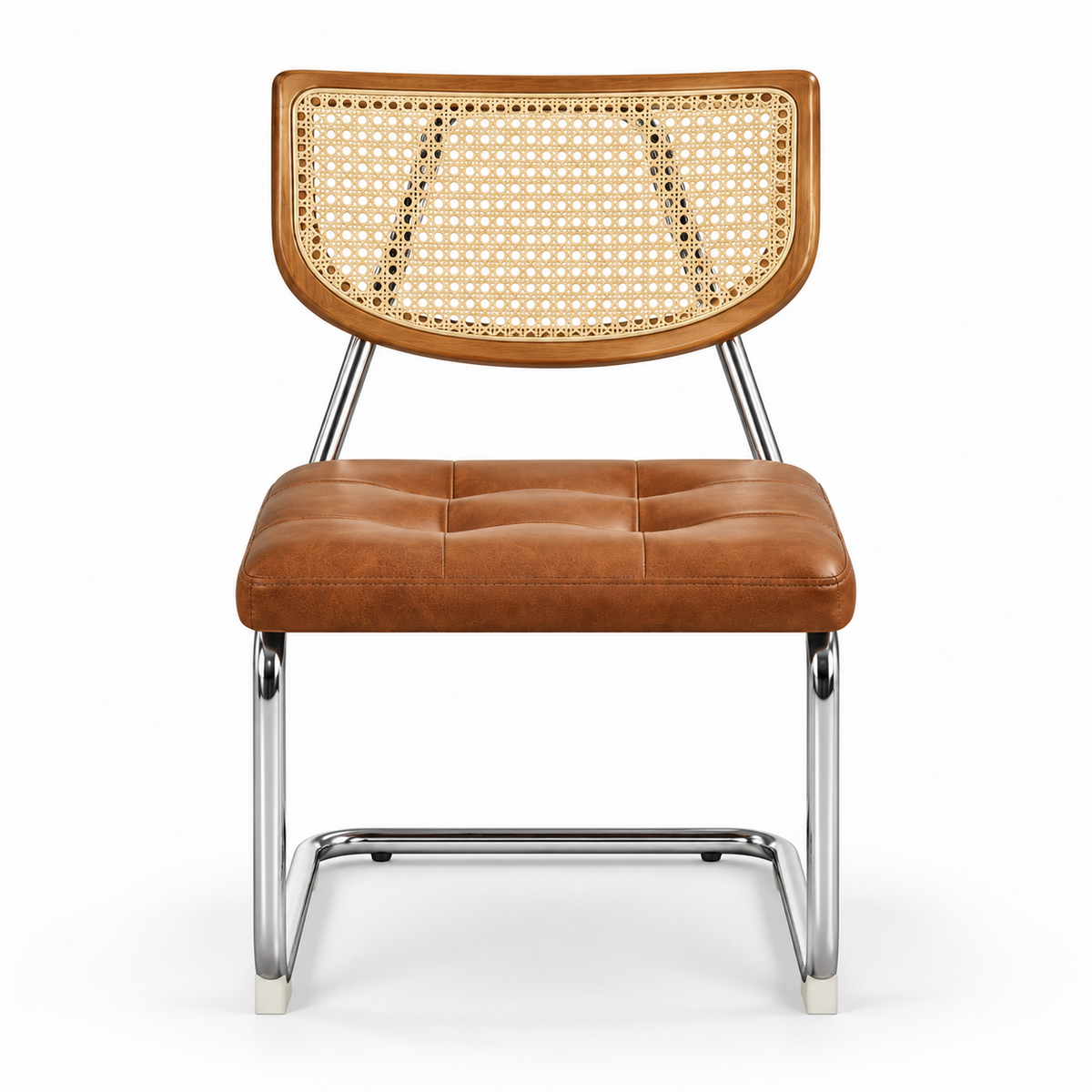 Set of 2 Mid-Century Rattan Dining Chairs | Black Upholstered Seat