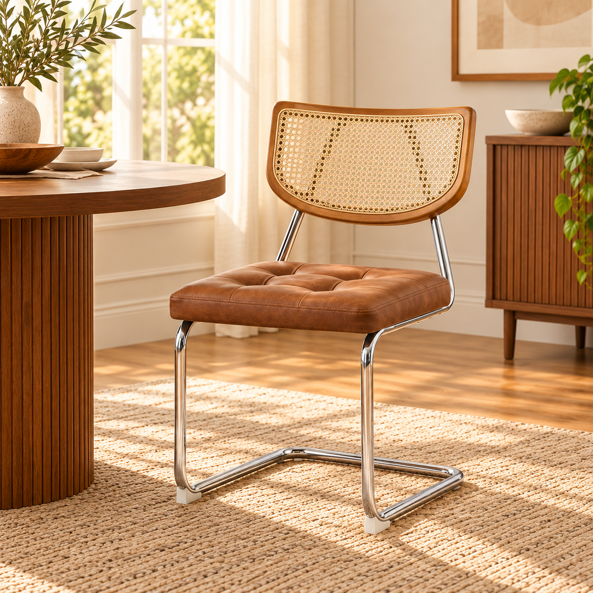 Set of 2 Mid-Century Rattan Dining Chairs | Black Upholstered Seat